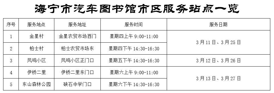 【阅路】海宁市汽车图书馆2021年3月行程表