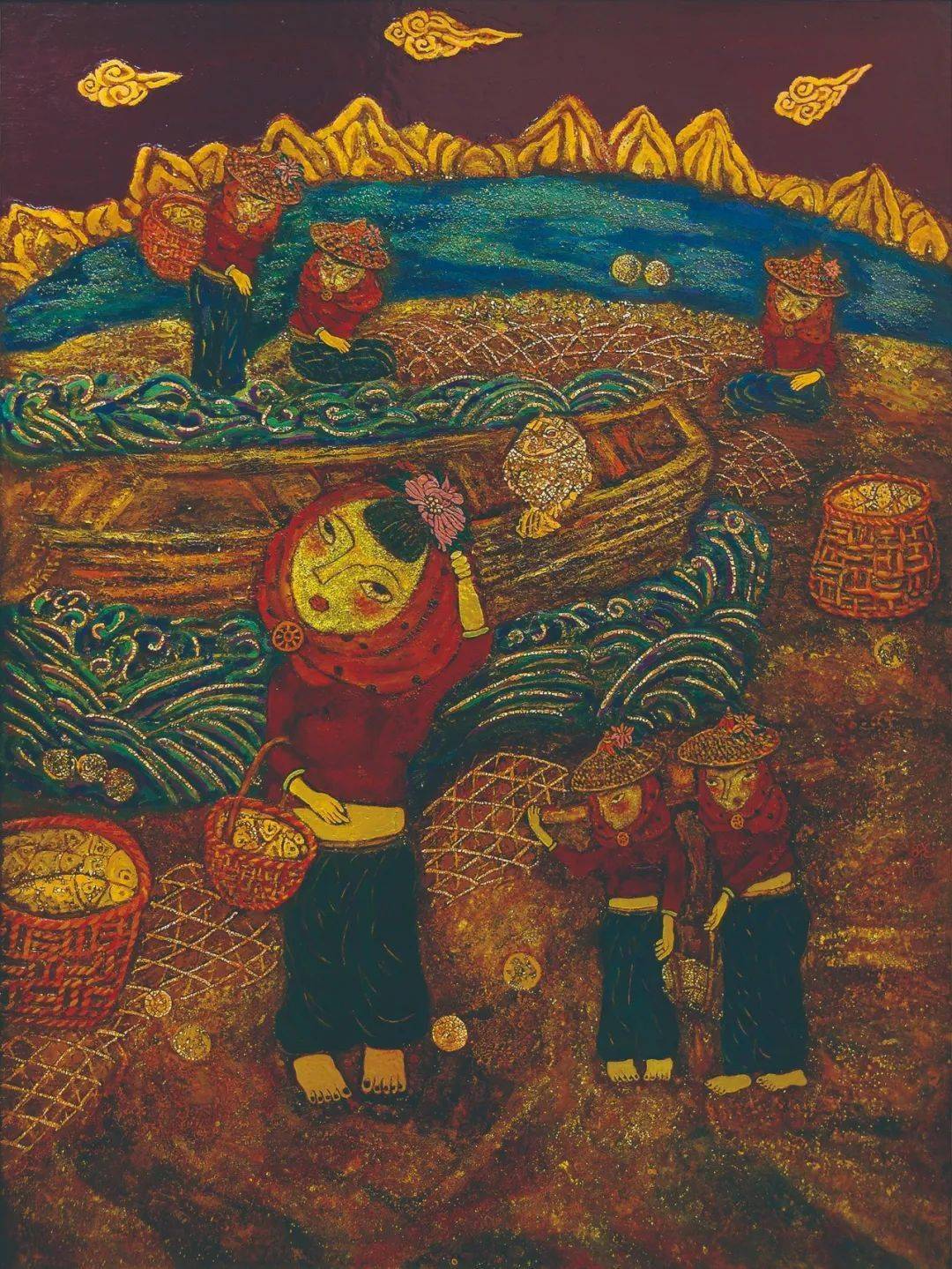 《渔家乐》漆画90x120cm《南音清韵》漆画60x180cm《回家》漆画60x80