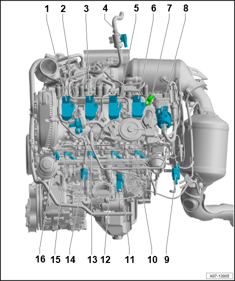 2019年款后奥迪a6l车型4缸汽油发动机元件位置图解说明