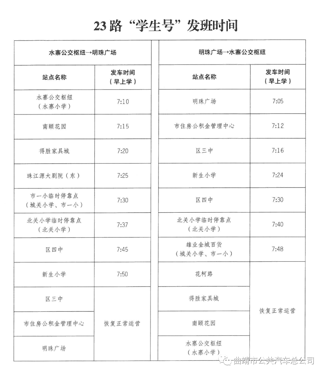 注意!曲靖4条“学生号”公交恢复,运营趟次有调整!