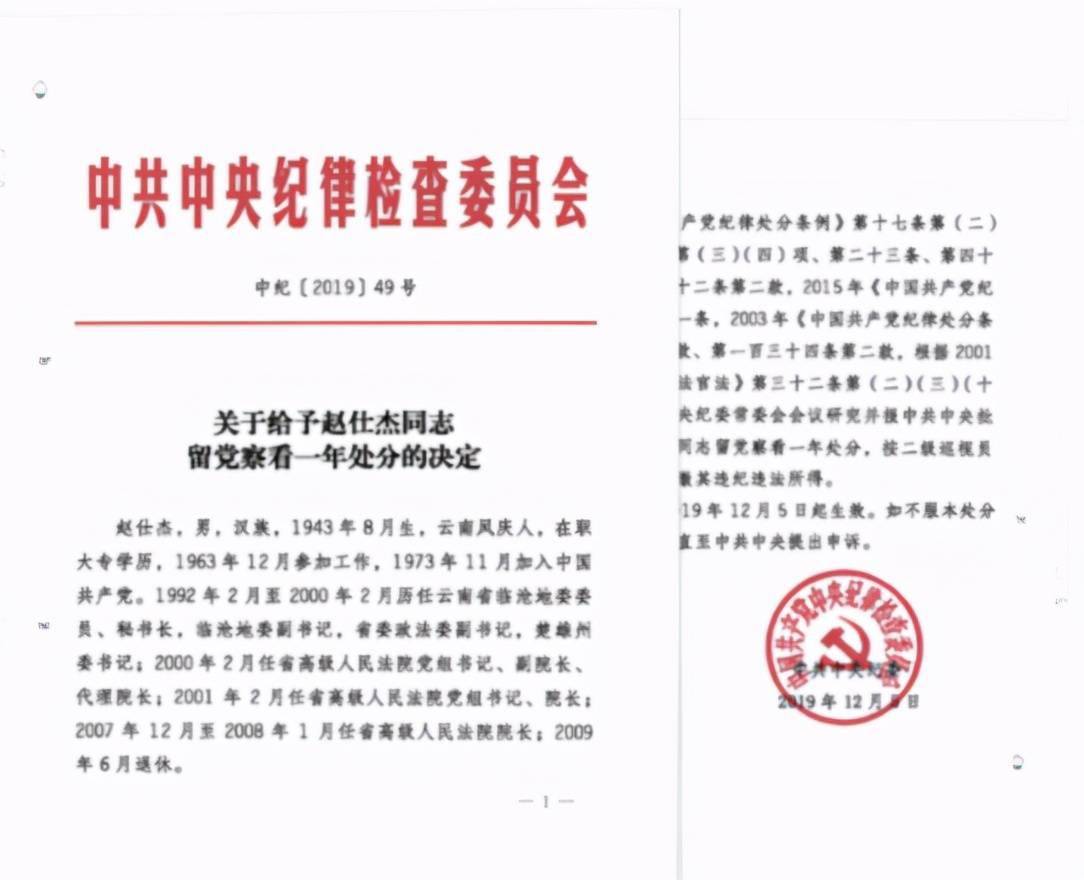 比如"中纪委给予云南高院原院长赵仕杰留党察看一年处分的决定"文件
