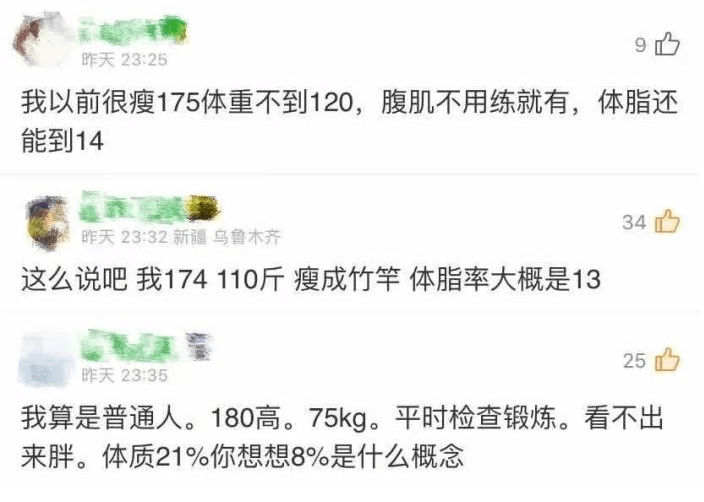 确实,普通成年人的体脂率,一般男性在15~18,女性在25~28.