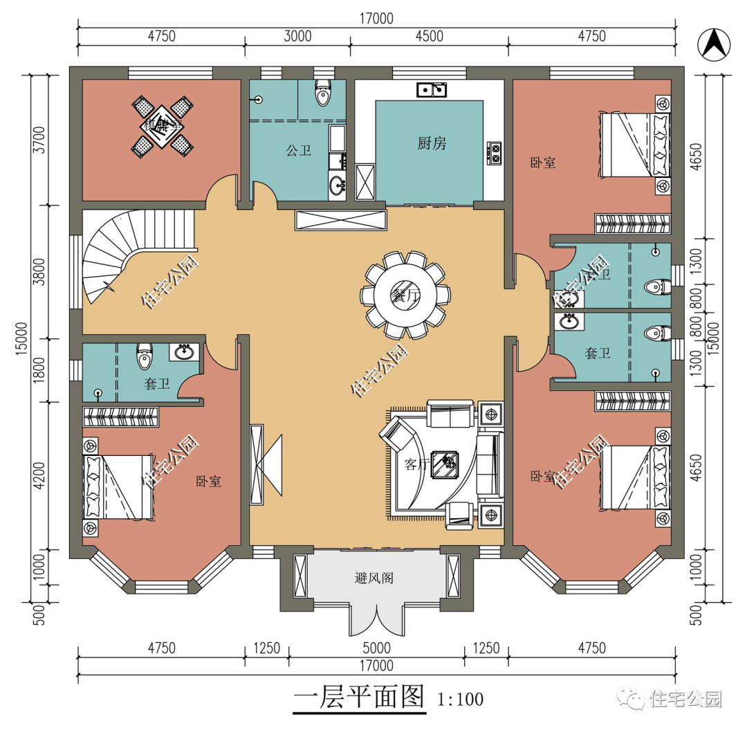 1715米對稱二層別墅平屋頂旋轉樓梯挑空客廳