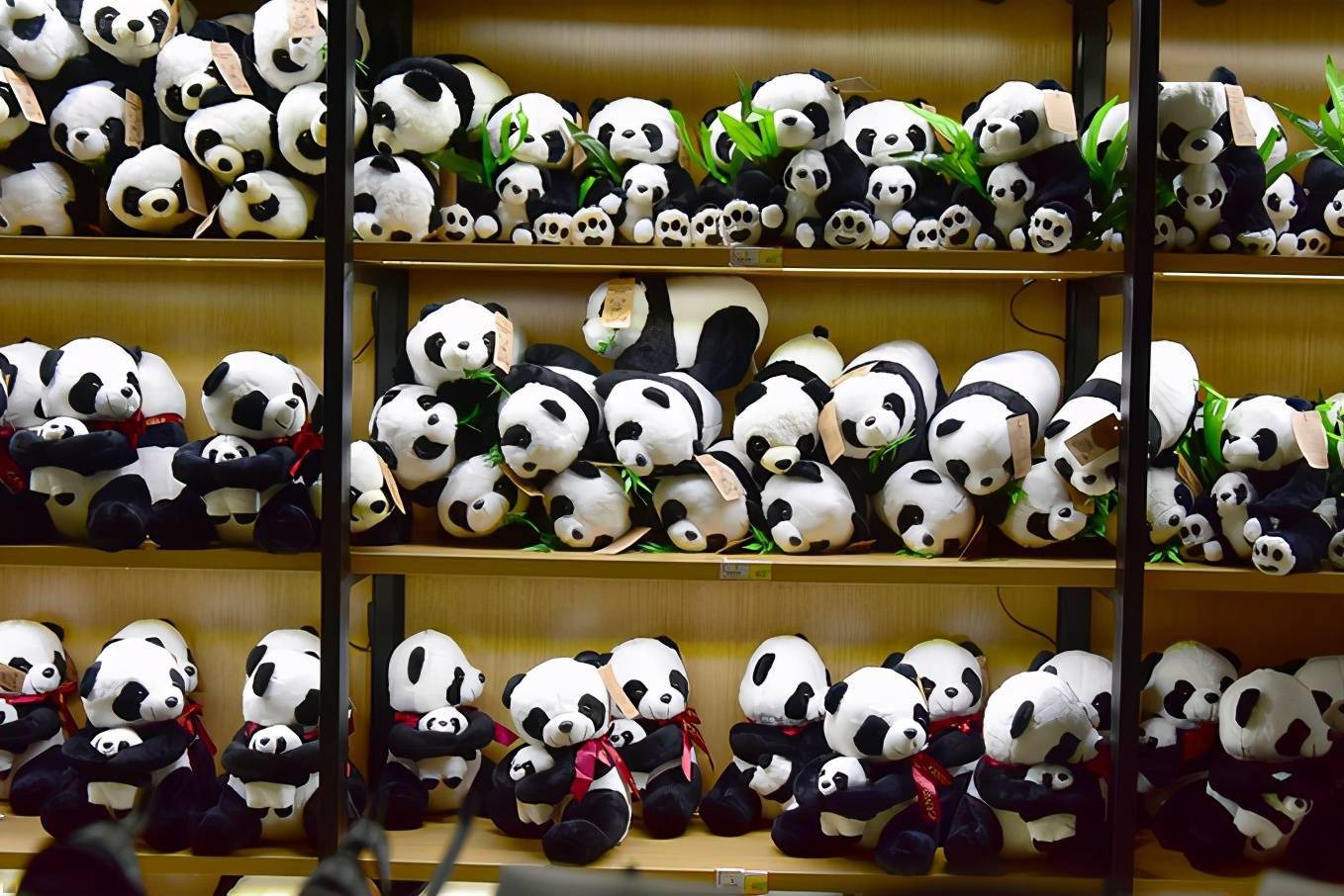 熊猫馆二楼有个小卖部,出售各种尺寸的熊猫和金丝猴毛绒玩具.
