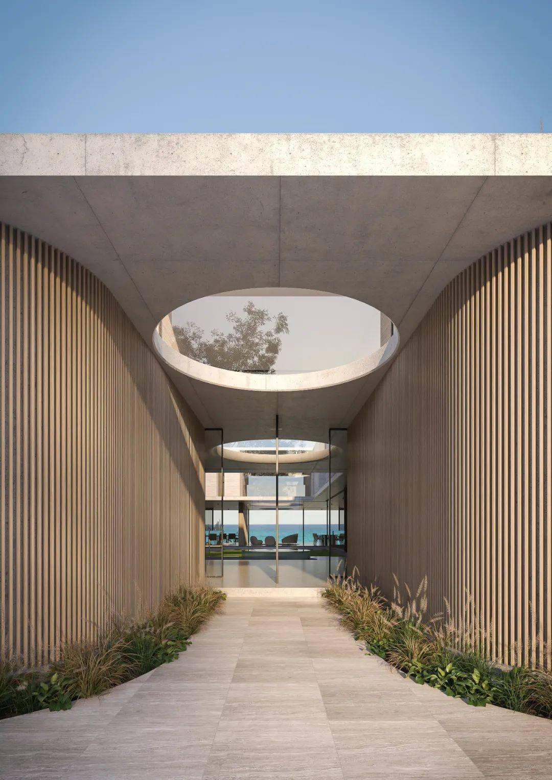 圆形天井与方方正正的建筑体块,也形成了一种反差与融洽.