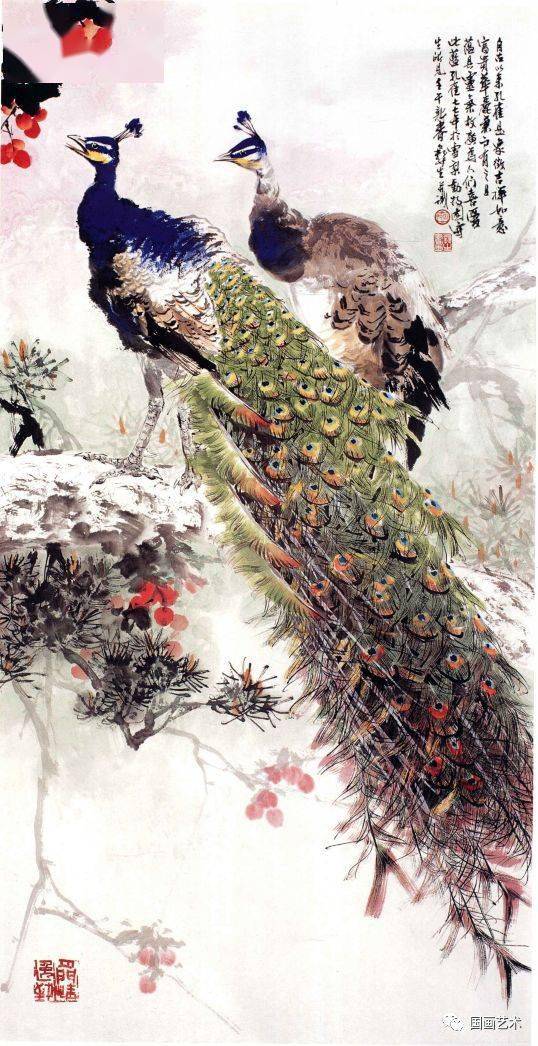 金翠屏开春富贵伍彝生孔雀国画欣赏
