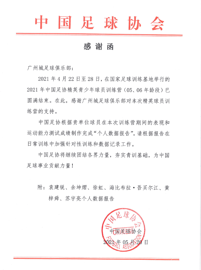 中国足协向广州城足球俱乐部发来感谢函_球员