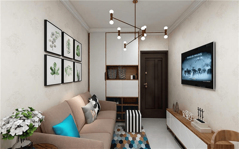 虽然整个客厅的空间比较窄小,但却能得到充分的利用,从配色和布局上