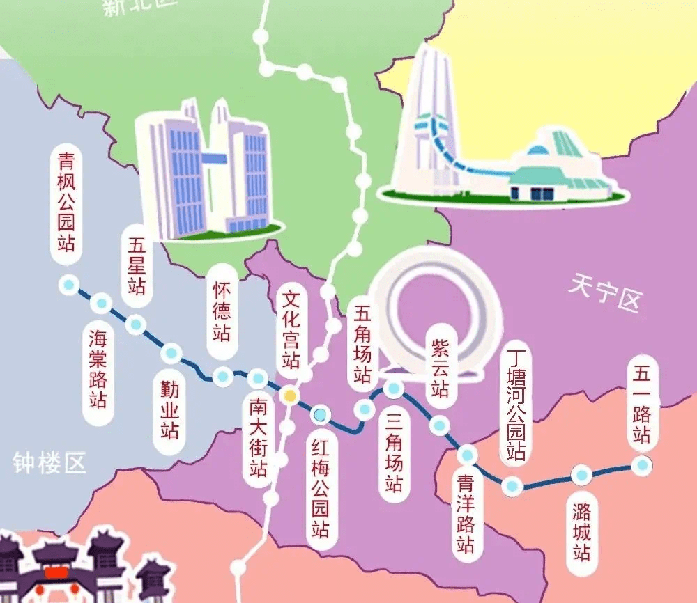 途经钟楼区,天宁区,常州经开区,沿线经过钟楼区行政商贸中心,五星居住