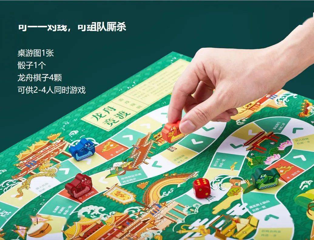 遊戲搭配桌遊圖1張, 以及骰子1個,龍舟形棋子4顆, 可滿足2-4人同時