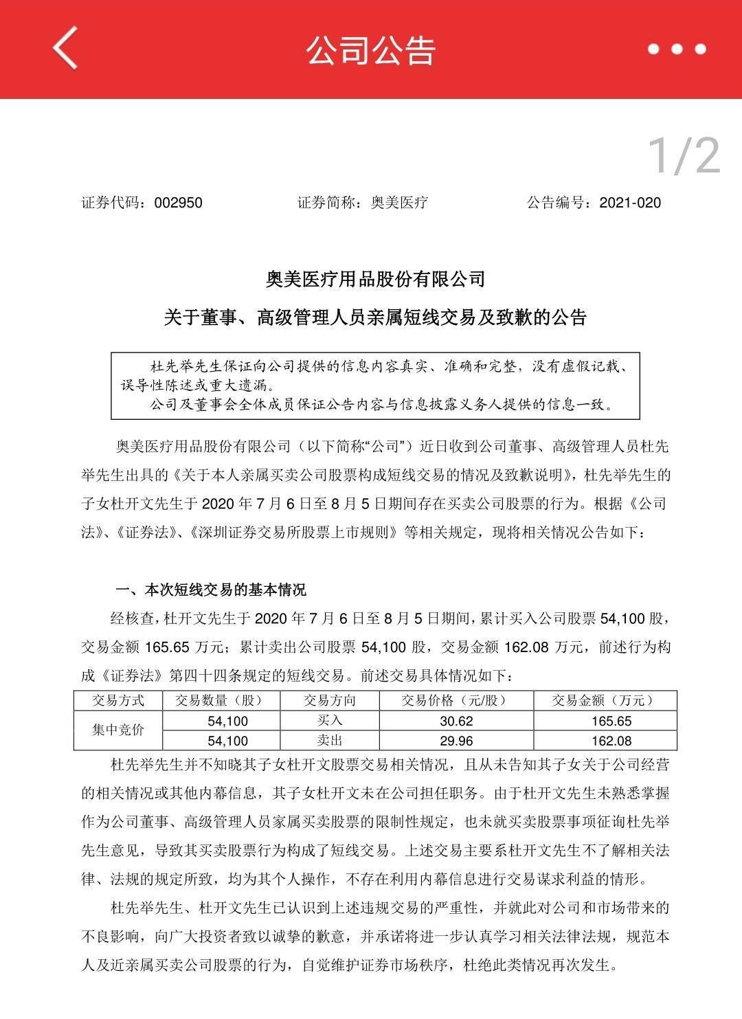 董秘子女百万资金买自家股票倒亏3万奥美医疗公告致歉_搜狐网