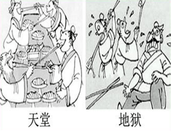 参观地狱时,地狱中的一群人在昏暗的灯光下围坐着,人人手中都有一个