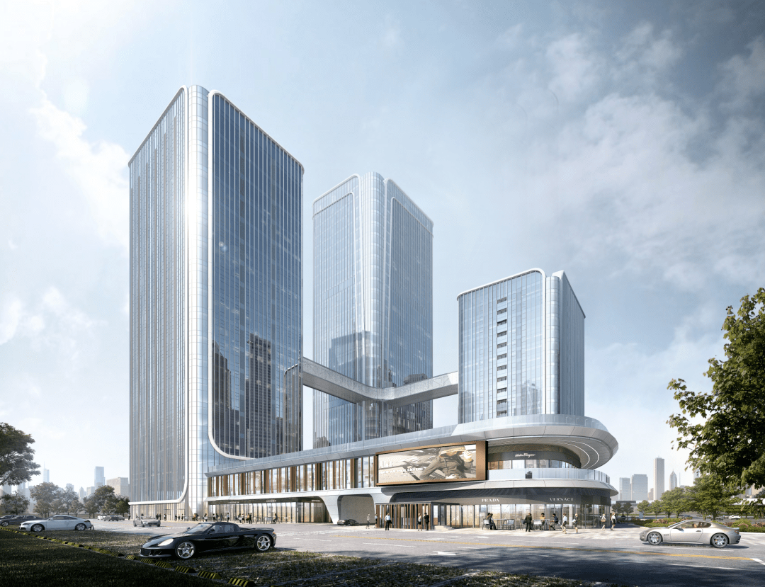三体式建筑群落▲设计草图南北两栋超高层建筑均为144米,隔景观带