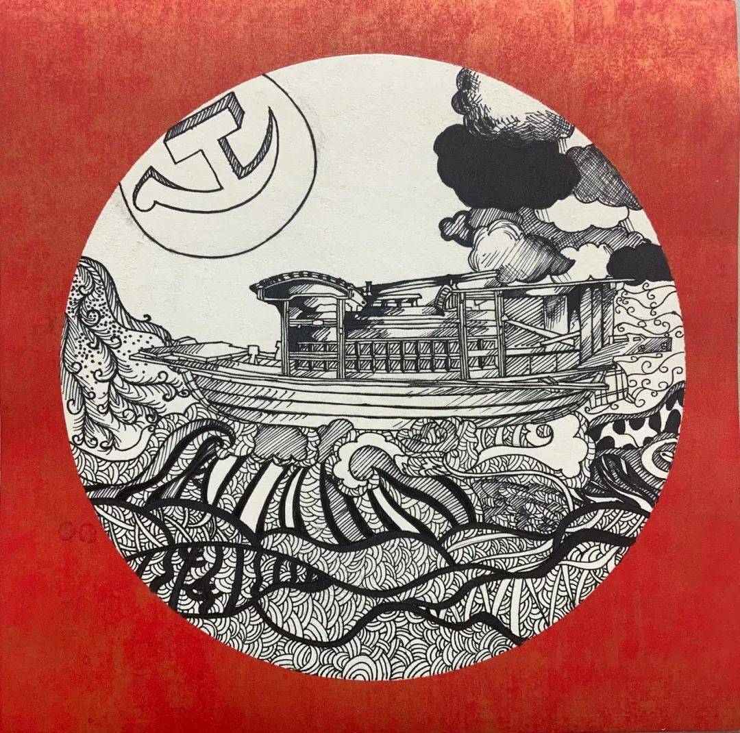 建党百年红船素描画图片
