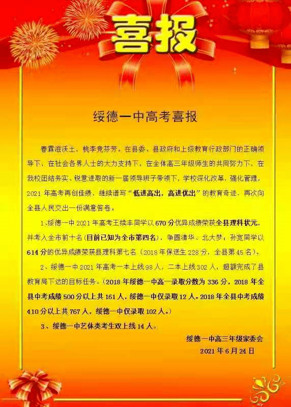 绥德一中高考喜报春霖滋沃土,桃李竞芬芳,在县委,县政府和上级教育