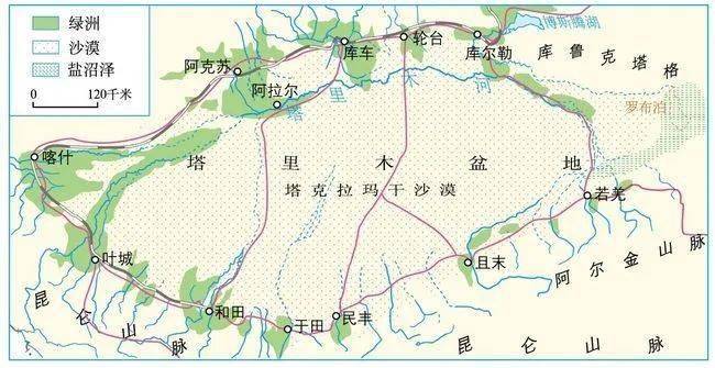 塔里木盆地四周河流示意图倒钩状水系在支流汇入主流附近或在支流的上