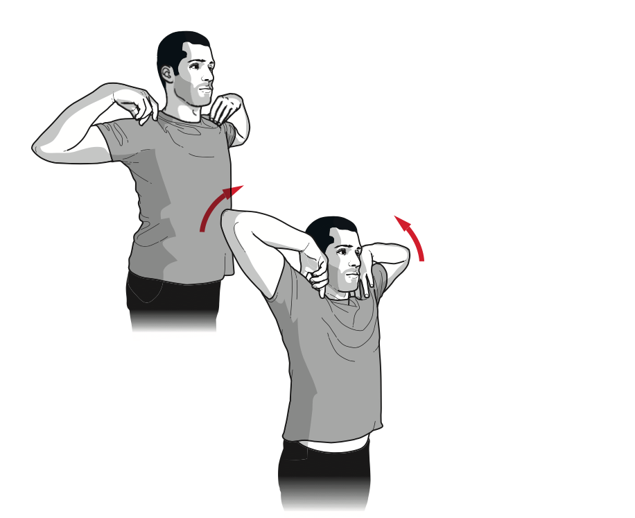 绕肩将双手放到肩部上方,双手指尖轻轻触碰肩部,肘部向外打开,然后用