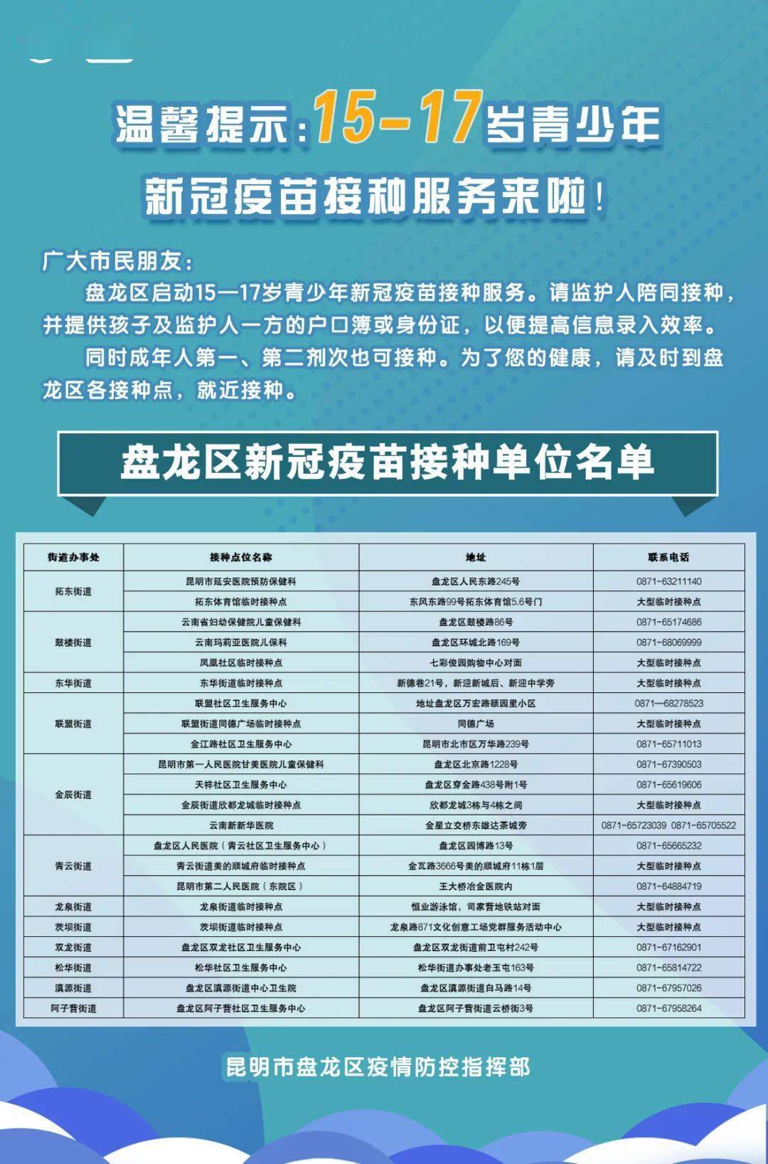 接种|最新公告！盘龙15-17岁、安宁12-17岁的青少年，可打新冠疫苗了