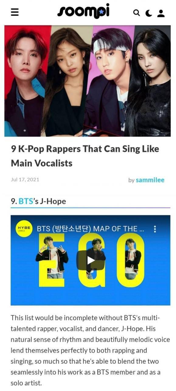 美国|?防弹少年团J-hope入选美国Soompi“可以像主唱一样唱歌的9位K-POP Rapper”