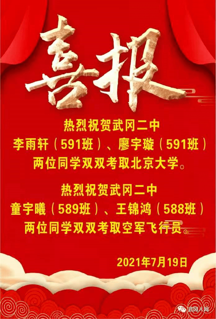 武冈二中高考喜报,两位同学被北京大学录取,另有两位同学考取空军飞行