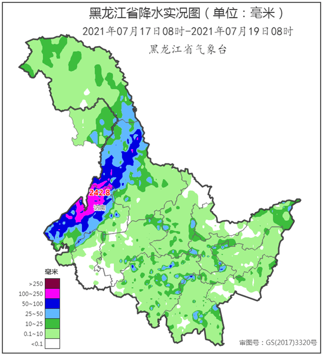 双鸭山,牡丹江等地共302个站点降水量超过50毫米,其中黑河,嫩江,讷河