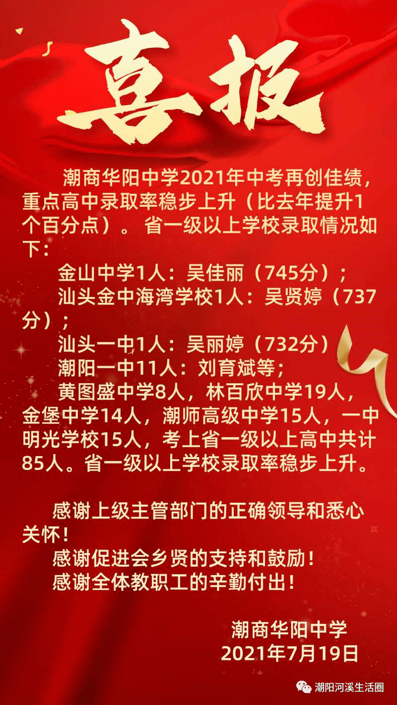 2021年7月19日汕头市潮阳区厦林初级中学在此祝贺以上同学!