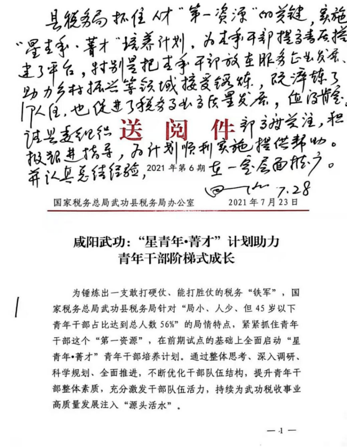 武功县县委书记田一泓对税务干部队伍建设工作作出批示
