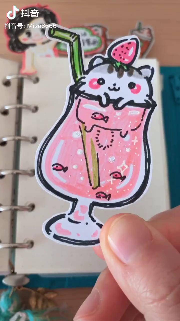 来一杯草莓味的气泡水吧手绘简笔画手帐素材