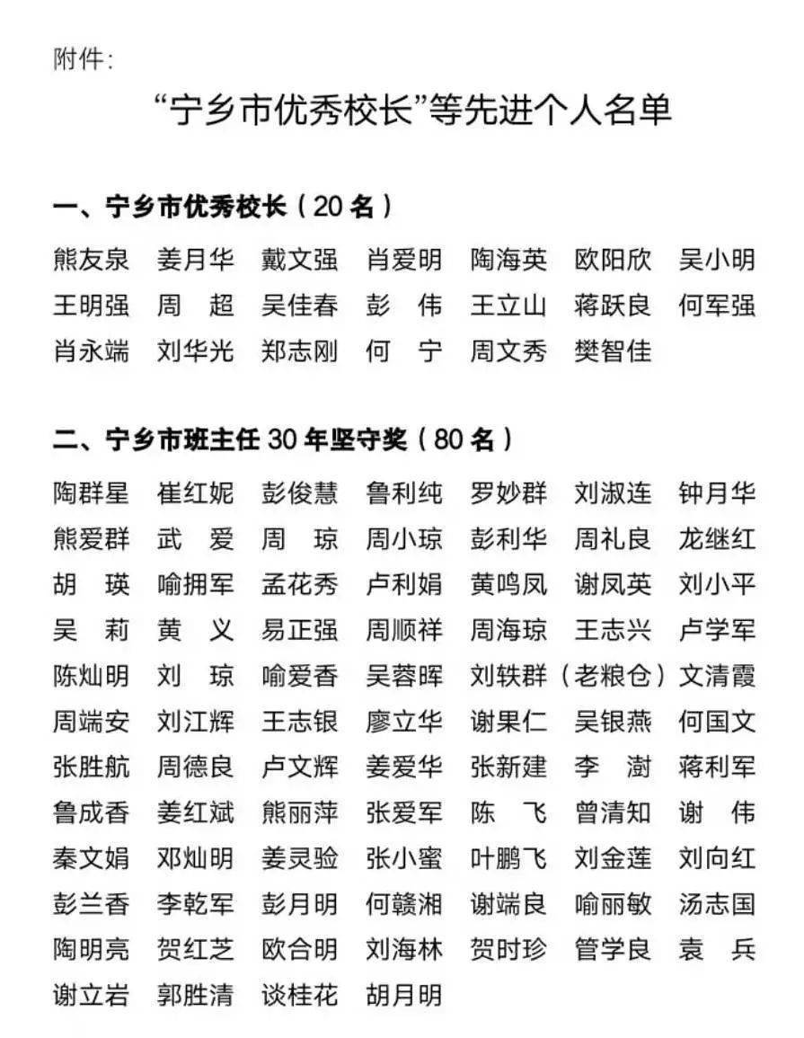 关于宁乡市优秀校长等先进个人评选结果的公示