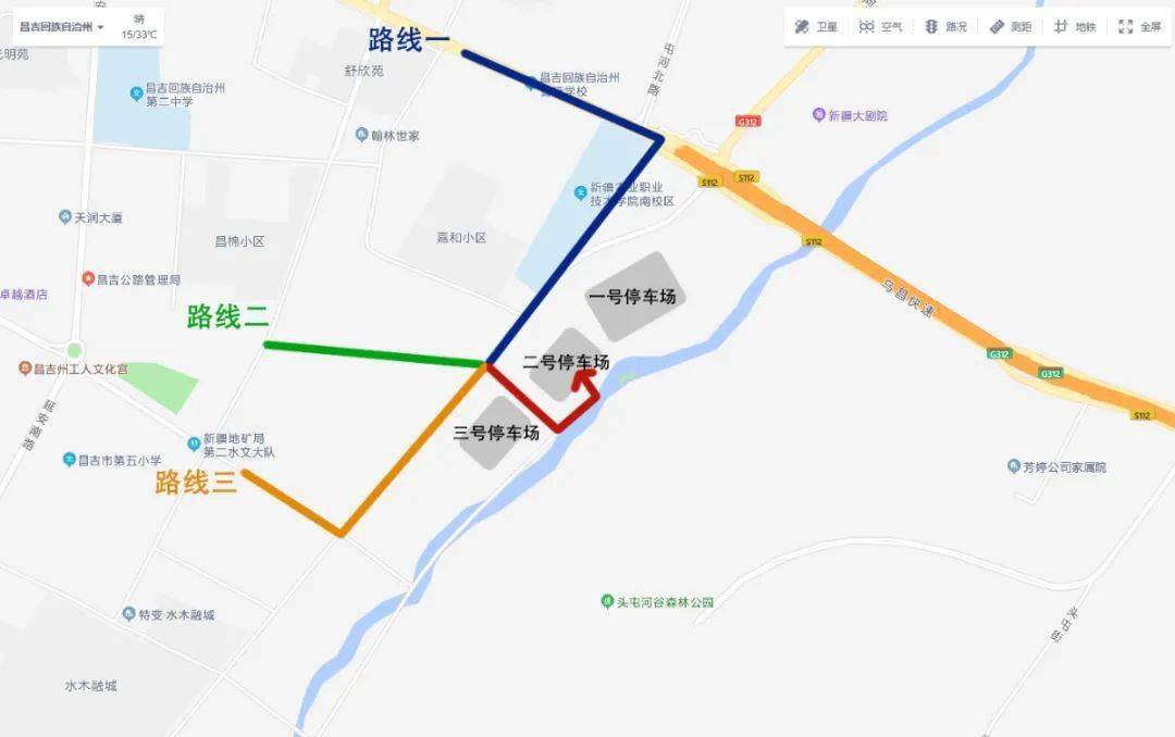 路→停车场(请注意路口处指示牌)点击图片,可放大观看昌吉方向路线图