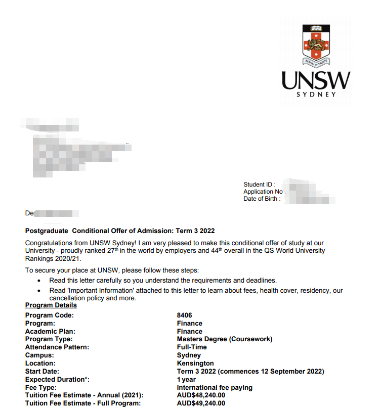 offer来了新南威尔士大学金融专业