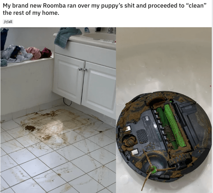 扫地机器人碾过了狗屎,然后开始清扫其他地方丨screamicide/reddit