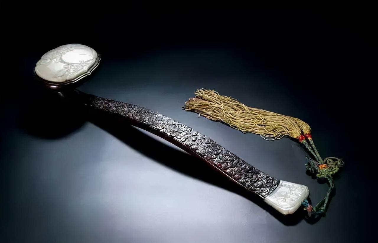 仏具 唐物 唐木 如意 霊芝雲如意置物 時代竹根彫刻 中国古玩 玉石嵌 福