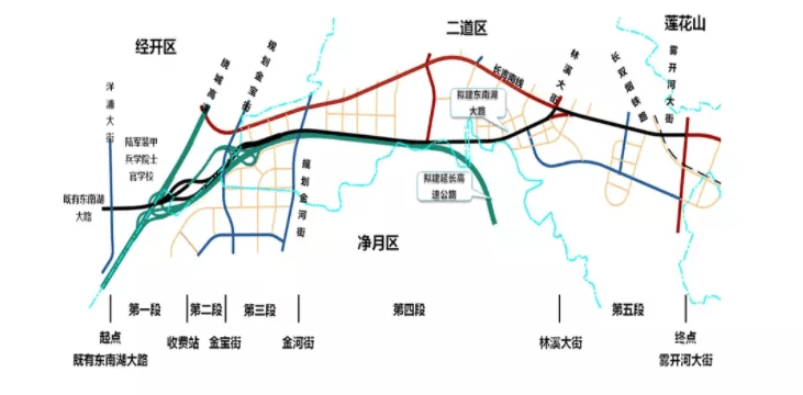 工程建设包含三条道路:新建东南湖大路(洋浦大街-林溪大街,长吉南线