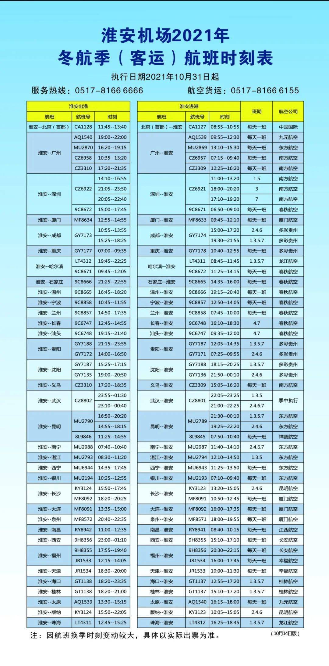 快收藏!淮安机场冬航季航班时刻表