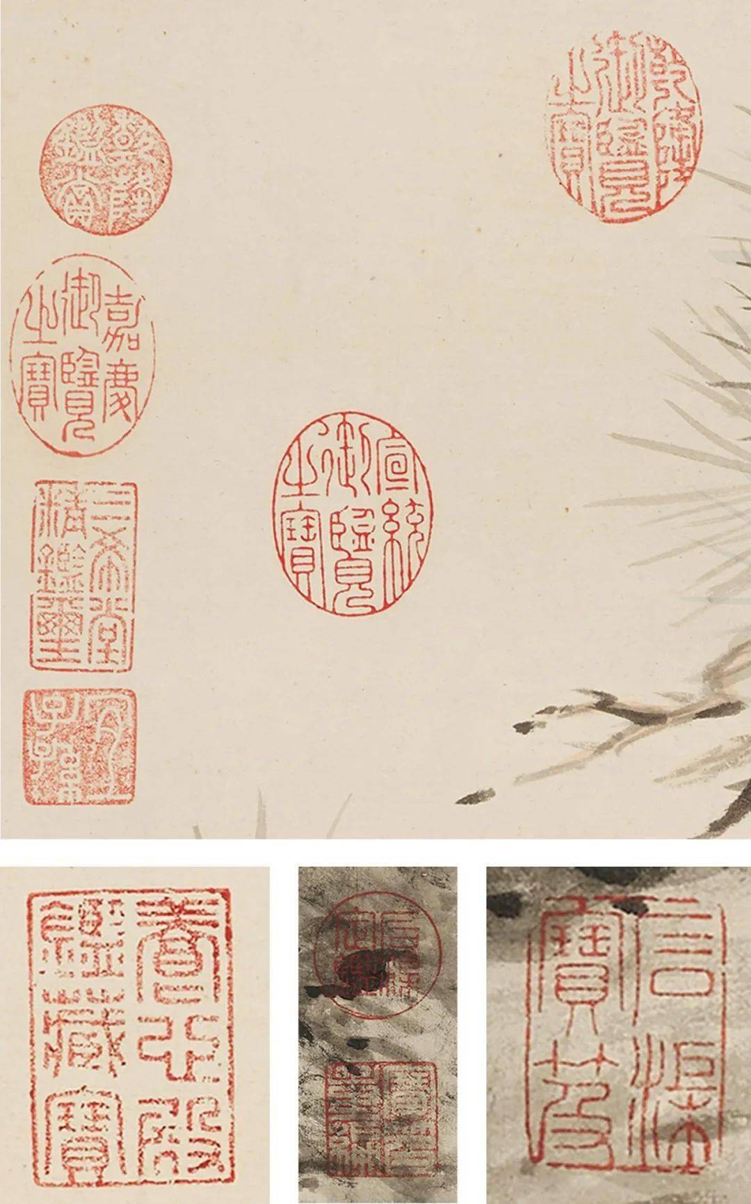这幅《松桂长春》就盖上了乾隆皇帝的各种印章,以表示"皇之喜爱",并