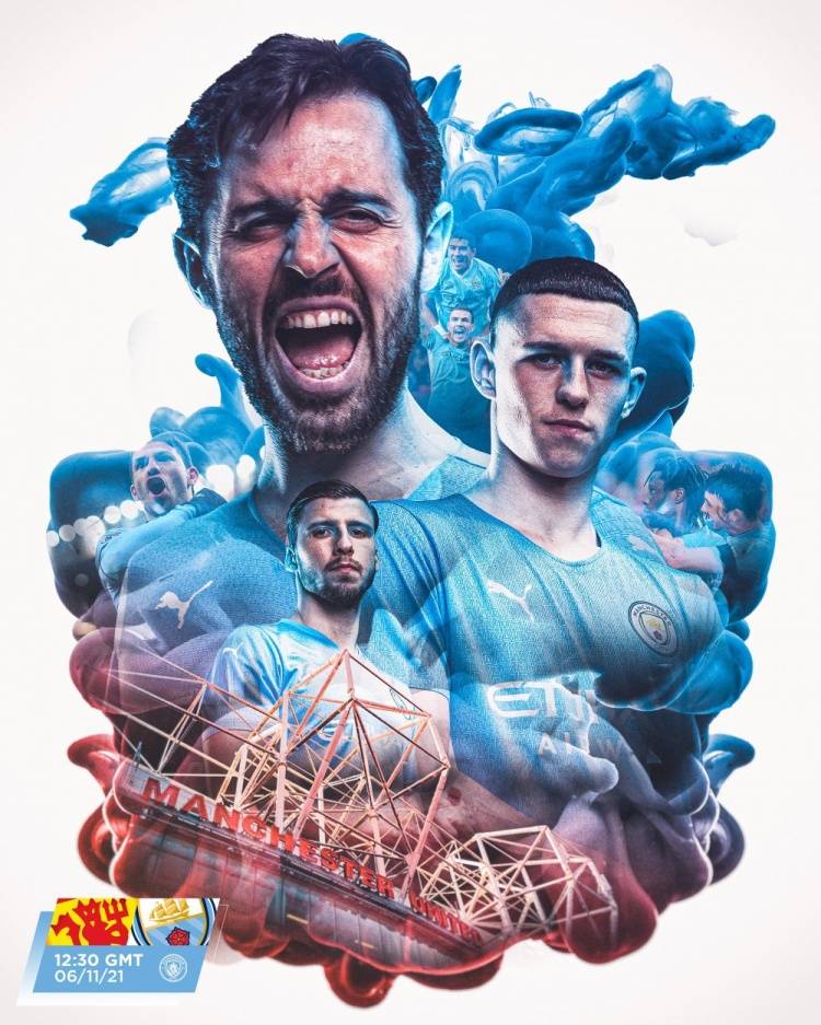 曼城晒曼市德比海报:b席激情呐喊,福登,迪亚斯帅气凝视_曼联