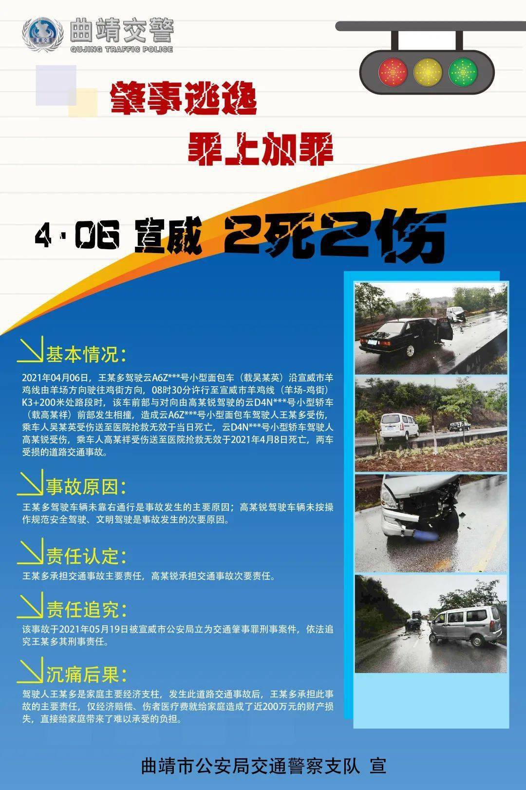 长鸣曲靖交警发布2021年全市道路交通事故典型案例警示教育主题海报