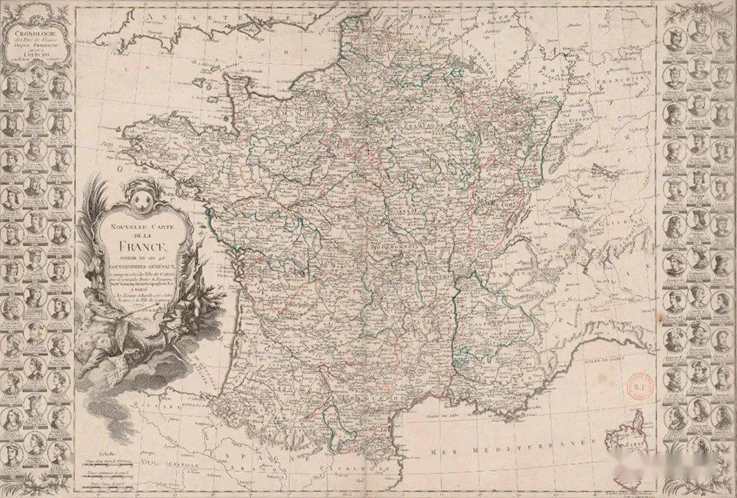 十三以及玛丽·德·美第奇为边框的法兰西地图 1607 蚀刻版画(黑白)