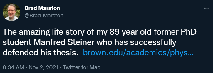 我今年89岁，刚刚拿了个物理学博士学位