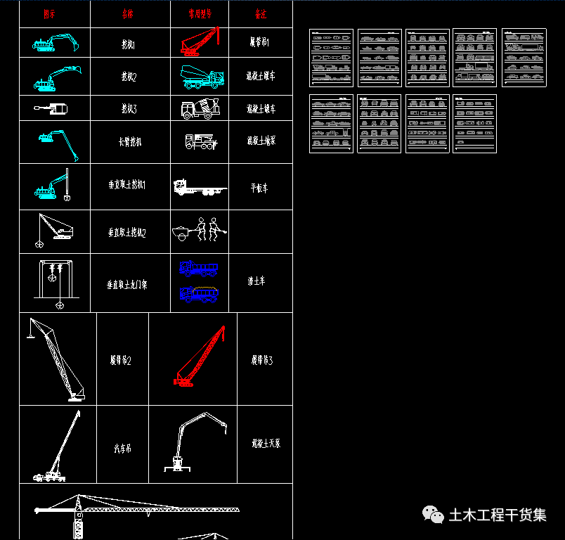 工程常用机械设备cad图含塔吊挖机罐车天泵履带吊等cad版直接下载