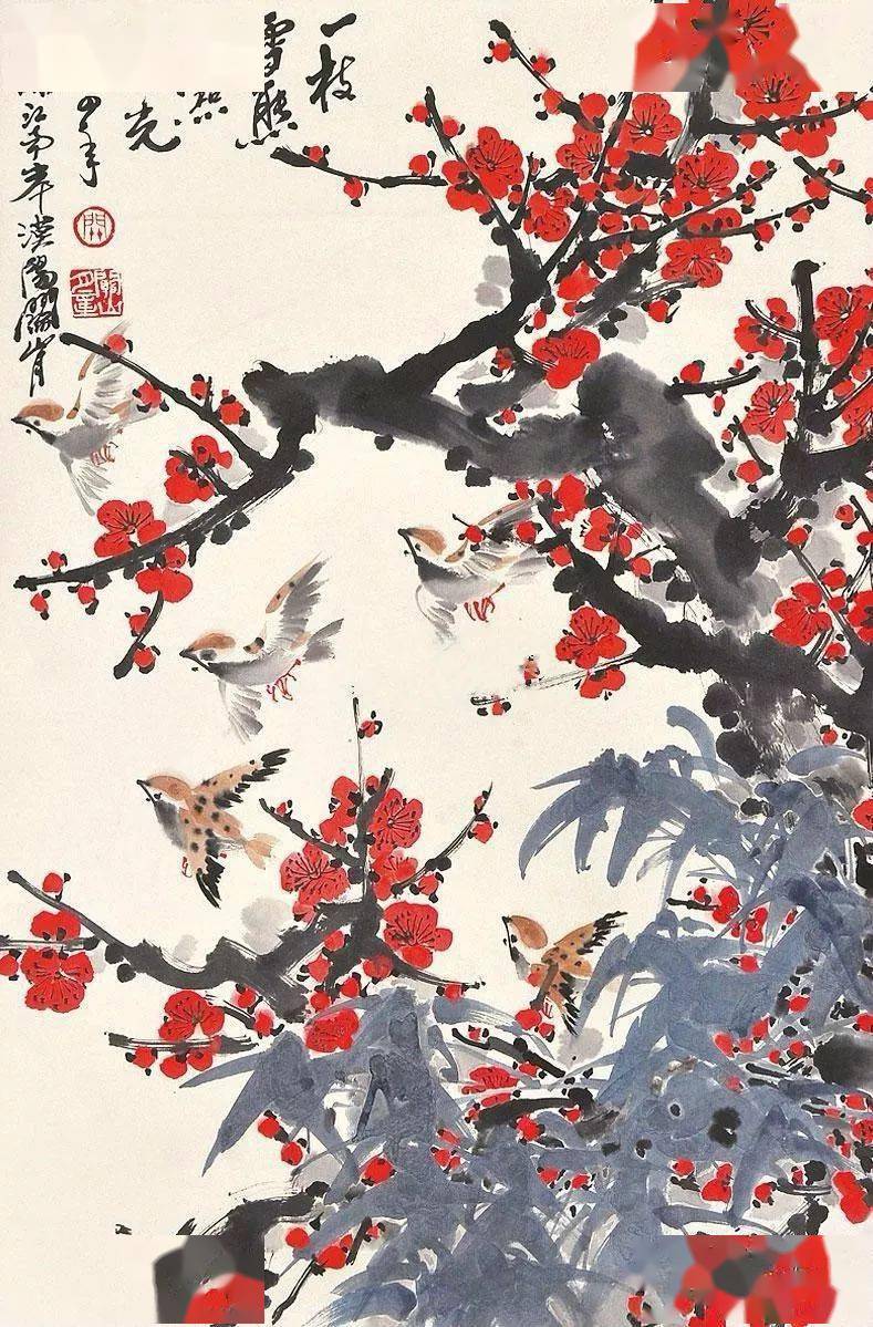 关山月笔下的梅竹麻雀!_梅花_墨竹_山水