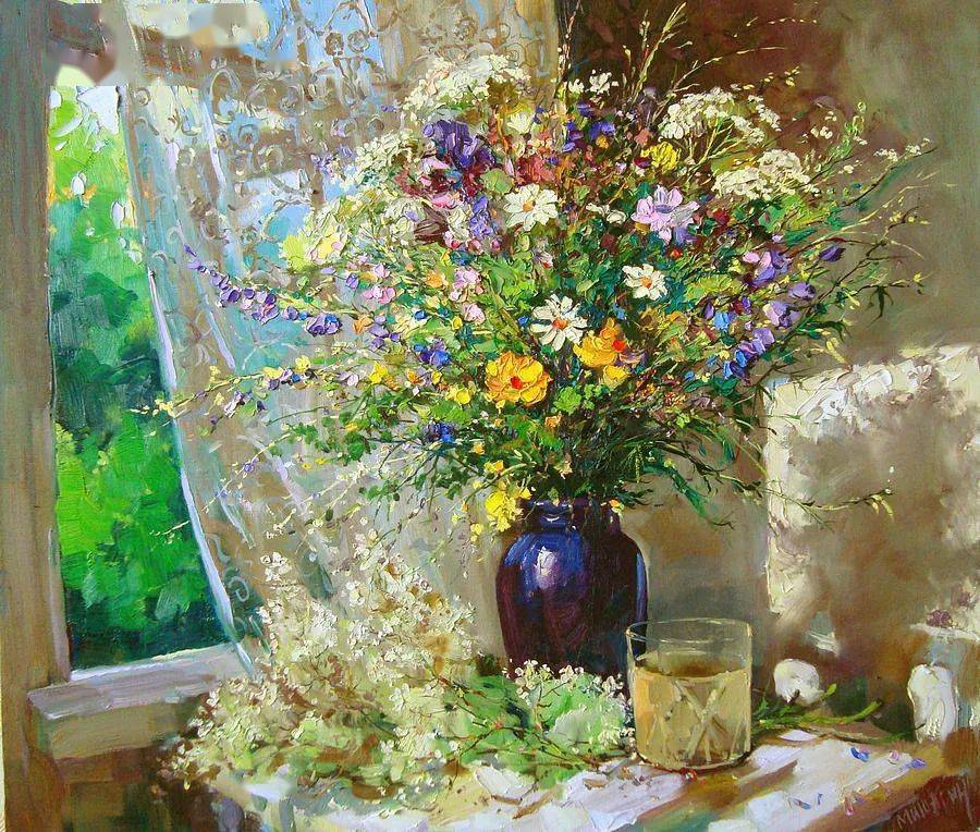 俄罗斯画家笔下的花卉油画色彩异常丰富明艳