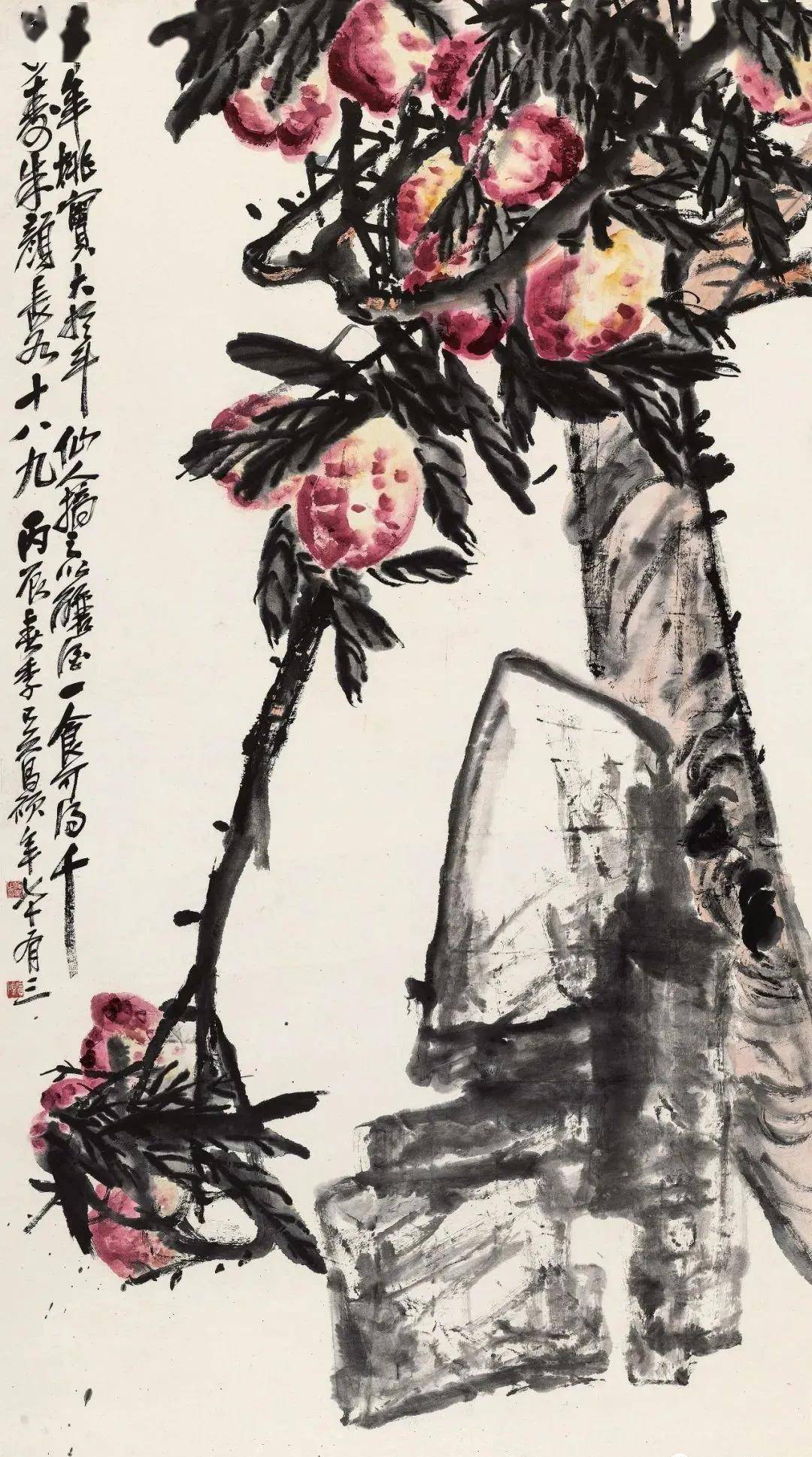 中国画 模写 吳昌碩［桃］紙本　肉筆　木箱無し！ 中国画 模写 吳昌碩［桃］紙本 肉筆 木箱無し！