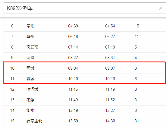k892次列車時刻表