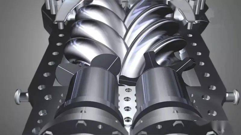 空气的压缩是靠装置于机壳内互相平行啮合的阴阳转子的齿槽之容积变化