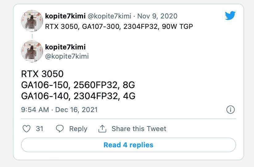 @kopite|英伟达 RTX 3050 桌面显卡将有 8GB 与 4GB 显存两个版本