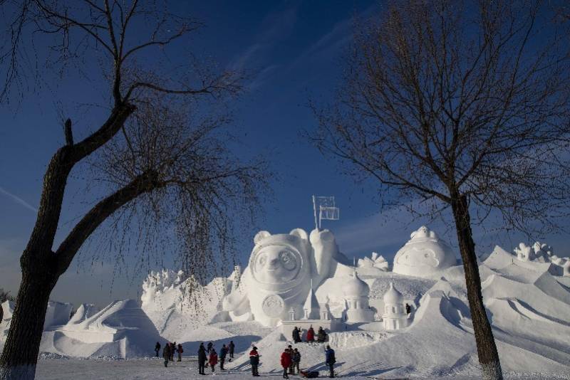 太阳岛|组图：堆雪人玩出新高度，50余名雕塑师8天造出巨大冰墩墩