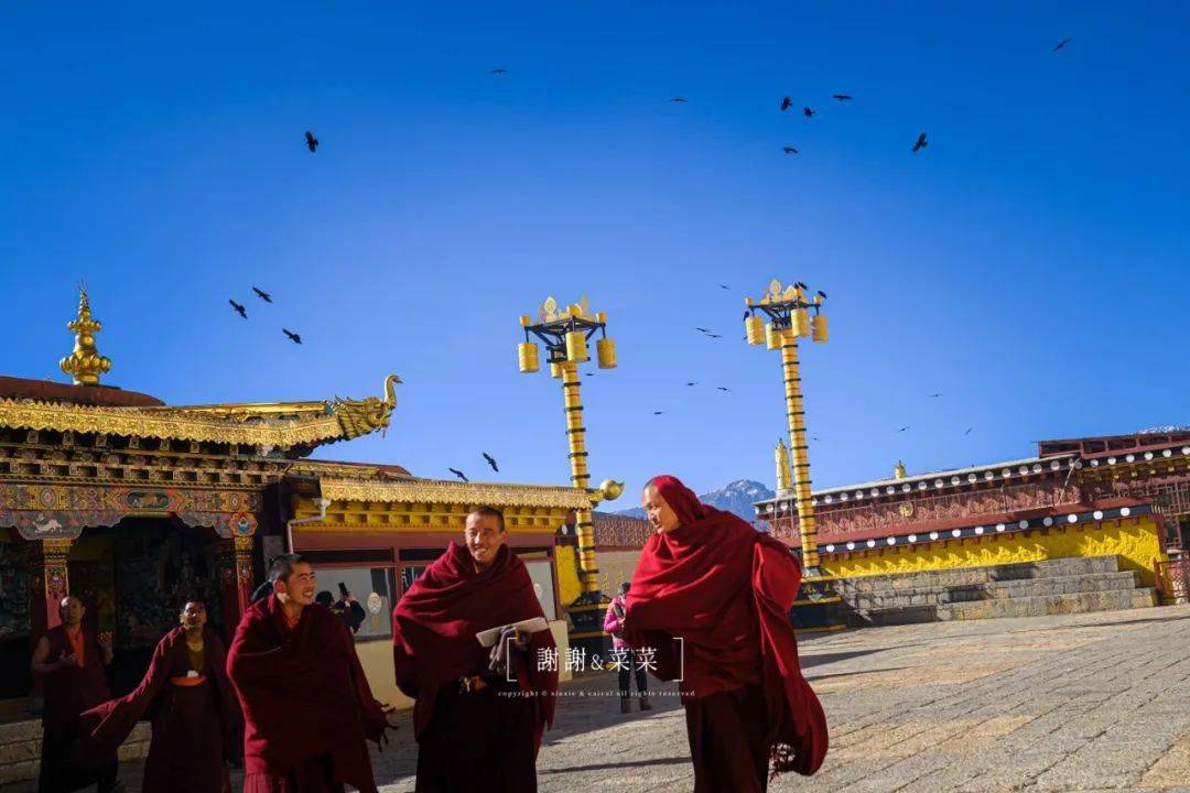 冬季的香格里拉游人稀少松赞林寺的僧人们聚集在大殿前为接下来的节庆