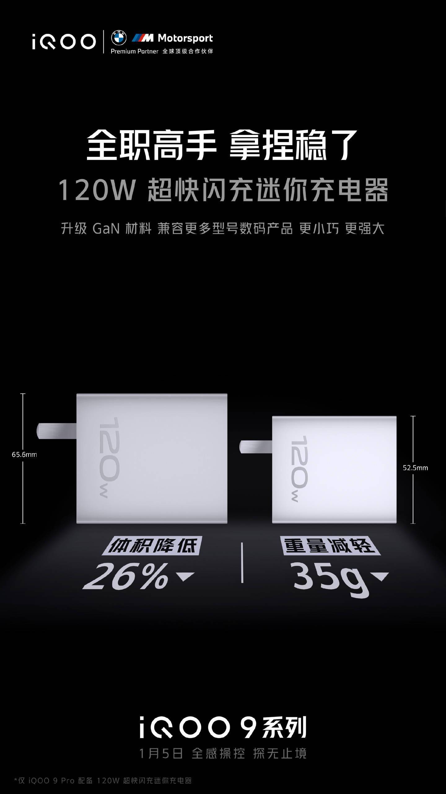 体积|iQOO 9 将随机附送新款 120W 氮化镓充电器，体积减小 26%